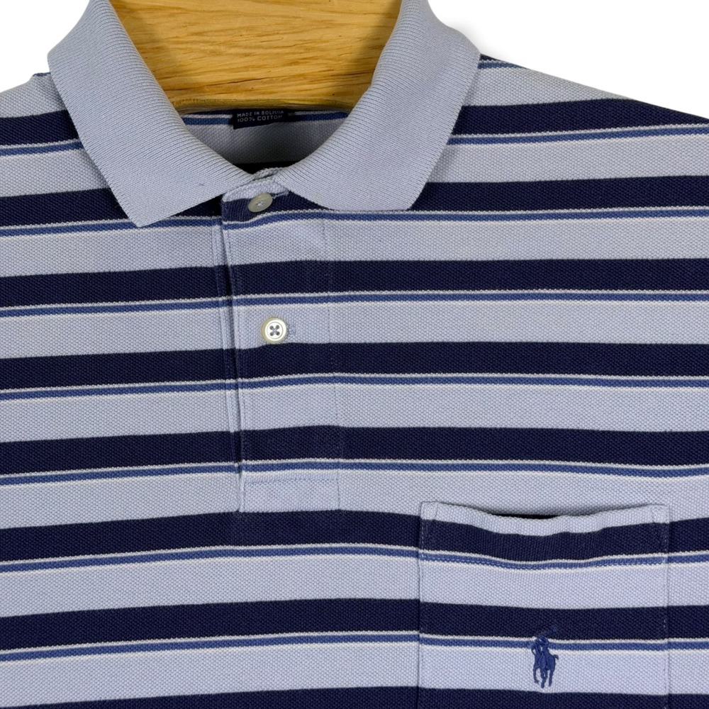 Vintage Polo Ralph Lauren Polo‎ Shirt Men S Blue Striped Cotton Pocket Pony Golf
